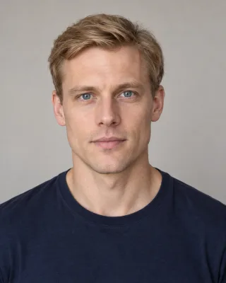 AI-generated blond, clean-shaven man used as the survivor portrait reference