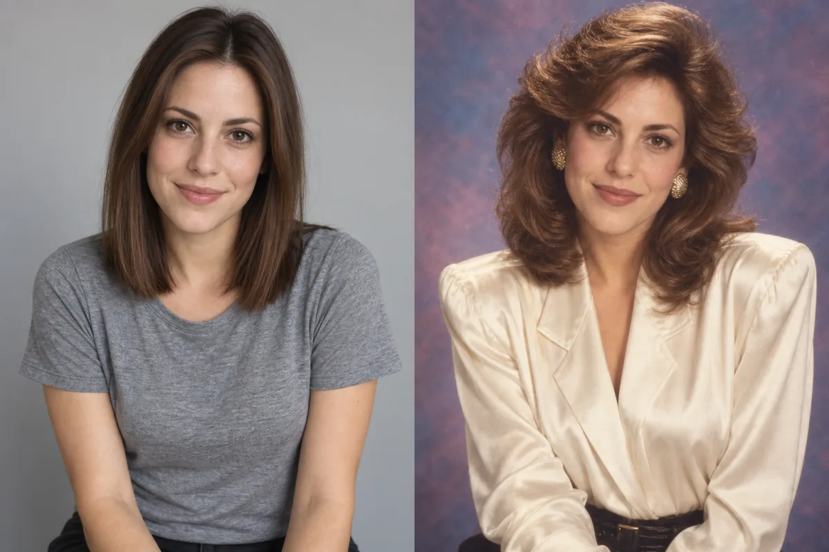 AI-generated comparison of the same fictional woman with modern styling and 1980s hair, blouse and studio lighting