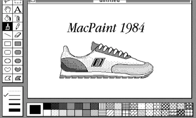 Black-and-white sneaker illustration in a retro drawing application